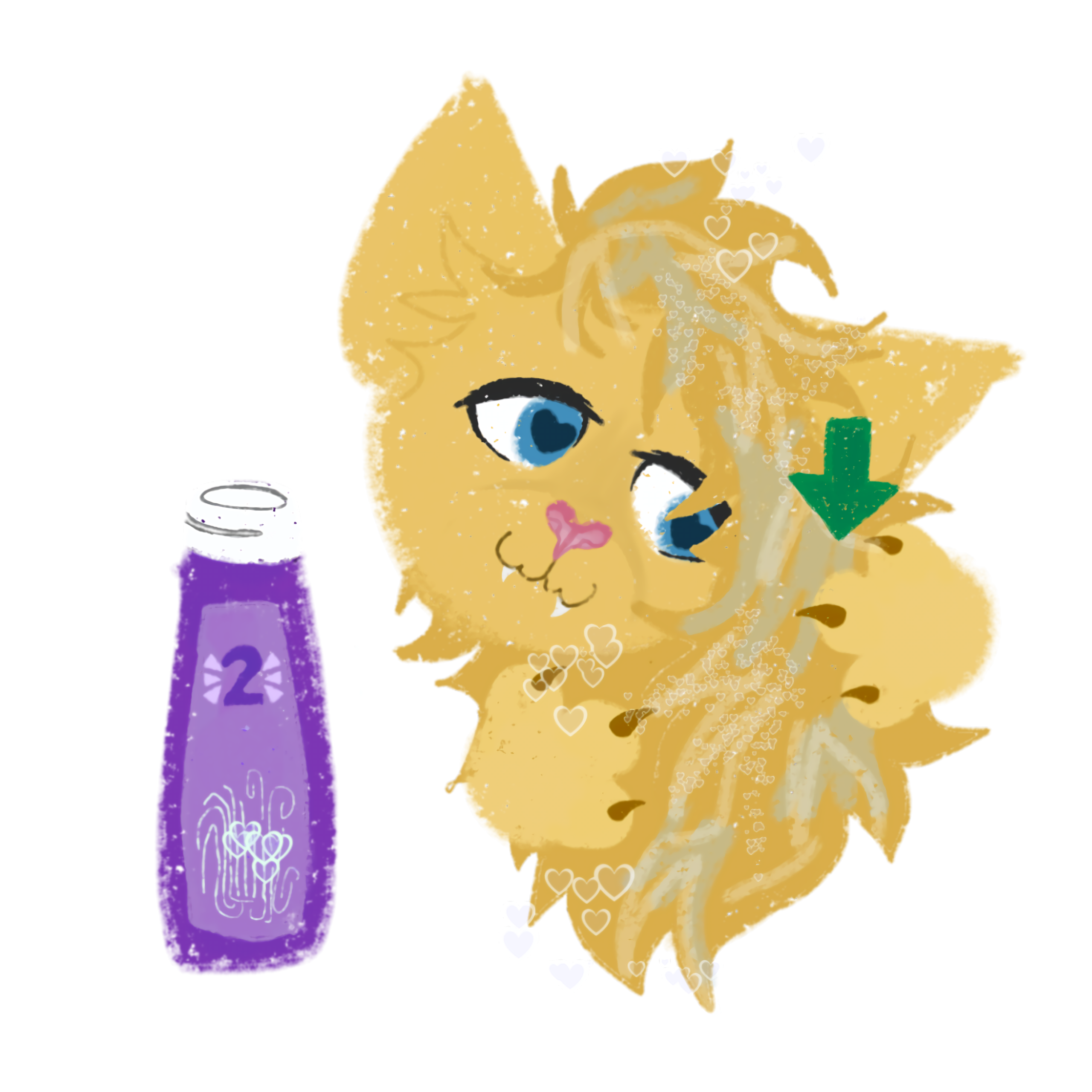 The image depicts a yellow cute cartoon cat with fluffy fur being washing their hair with conditioner.  there is a purple bottle of conditioner with a white lid labeled '2 Conditioner'. heart shaped Bubbles are rising from the cat's head, and there are A green arrow is pointing downwards indicating that the conditioner is being applied to the cat's hair.